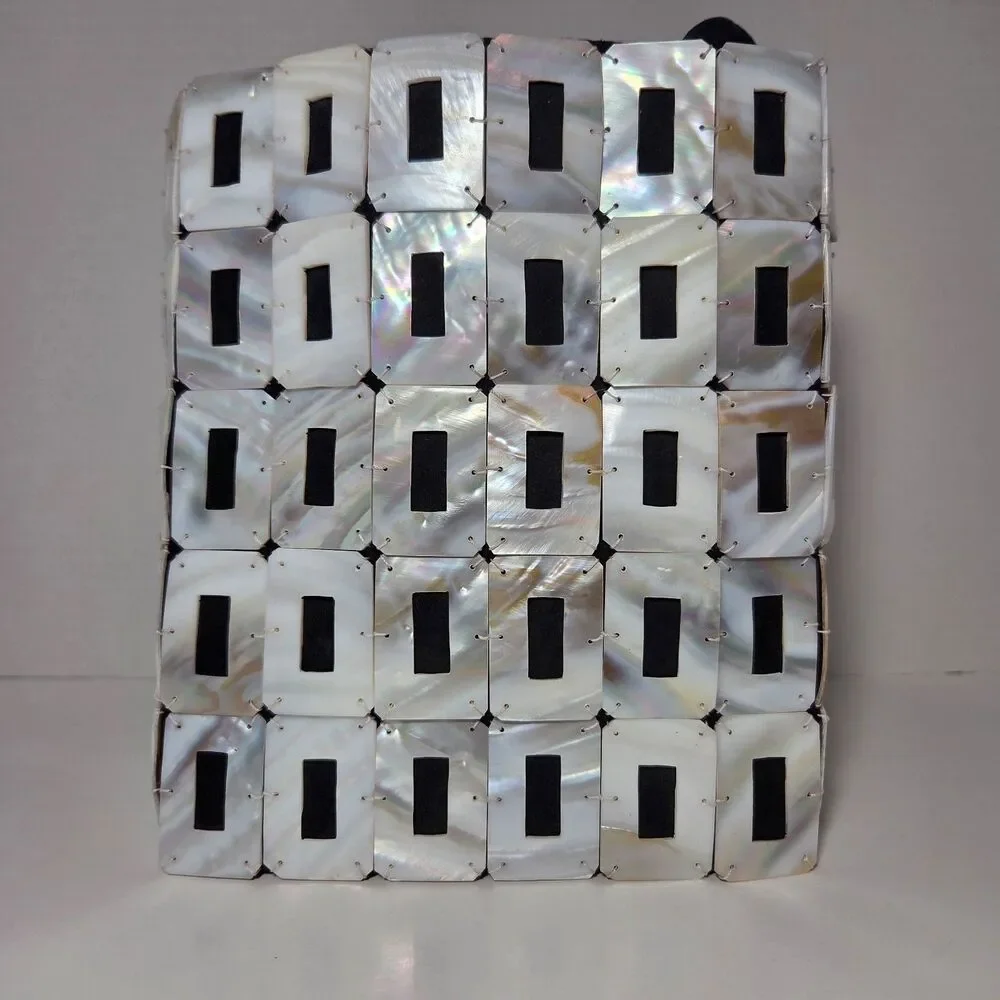 Vtg Mother of Pearl Shell Tile Mosaic Handbag Black White Purse Boho Mermaidcore